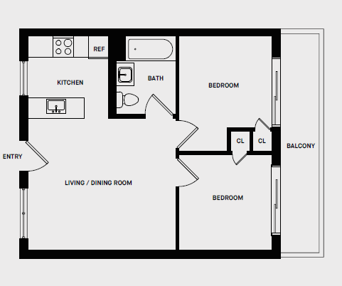 Floor plan for 2 beds, 1 bath, 570 sqft